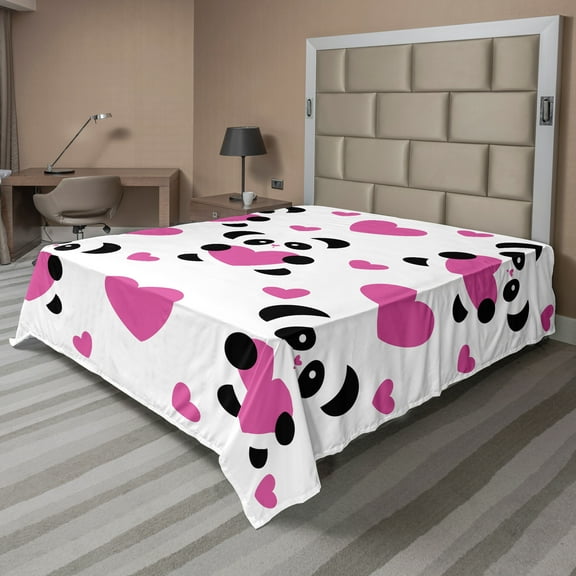 Ambesonne Cartoon Flat Sheet, Love Pandas Hearts, Queen Size, Fuchsia Black White