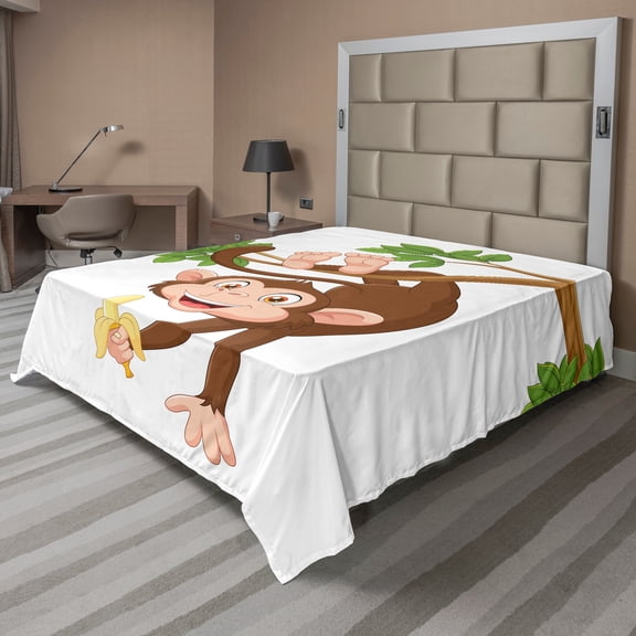Ambesonne Cartoon Flat Sheet, Monkey with Banana Tree, Queen Size, Chocolate White