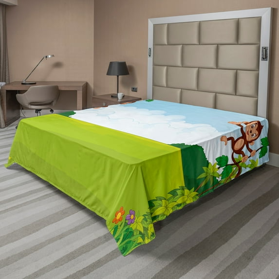 Ambesonne Cartoon Flat Sheet, Monkeys on Vines, Full Size, Pale Blue Brown Green