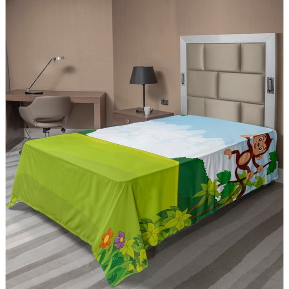 Ambesonne Cartoon Flat Sheet, Monkeys on Vines, TwinXL Size, Pale Blue Brown Green