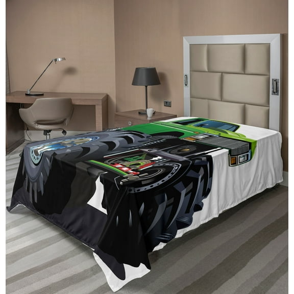 Ambesonne Cartoon Flat Sheet, Monster Pickup Truck, Twin Size, Green Grey