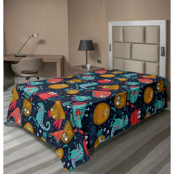 Ambesonne Cartoon Flat Sheet, Monster, TwinXL Size, Multicolor