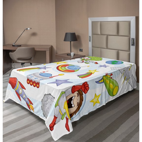 Ambesonne Cartoon Flat Sheet, Outer Space Earth, Twin Size, Multicolor