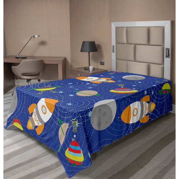 Ambesonne Cartoon Flat Sheet, Outer Space Moon UFO, Twin Size, Multicolor
