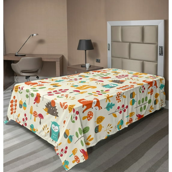 Ambesonne Cartoon Flat Sheet, Owl Fox Squirrel Birds, TwinXL Size, Multicolor