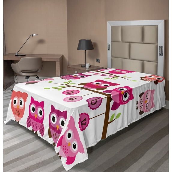 Ambesonne Cartoon Flat Sheet, Owls Branches, Twin Size, Purple Brown and Pink