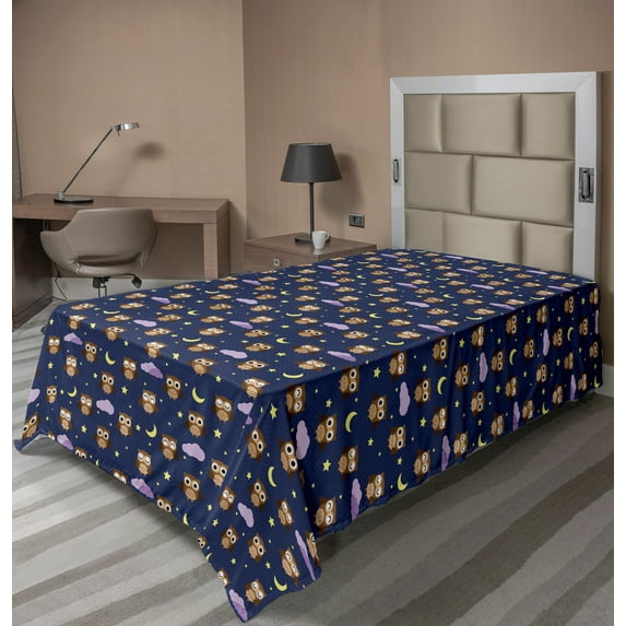 Ambesonne Cartoon Flat Sheet, Owls Starry Night, Twin Size, Indigo and Multicolor