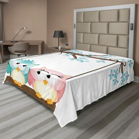 Ambesonne Cartoon Flat Sheet, Owls in Love on Swing, Queen Size, Pale Pink Pale Blue