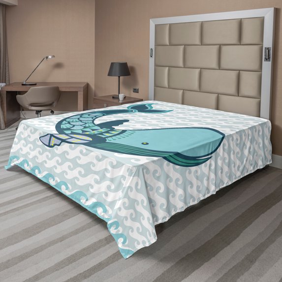 Ambesonne Cartoon Flat Sheet, Pastel Happy Smiling Whale, California King, Blue and White