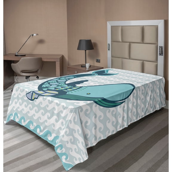 Ambesonne Cartoon Flat Sheet, Pastel Happy Smiling Whale, Twin Size, Blue and White