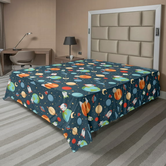 Ambesonne Cartoon Flat Sheet, Planets in Space, Full Size, Multicolor