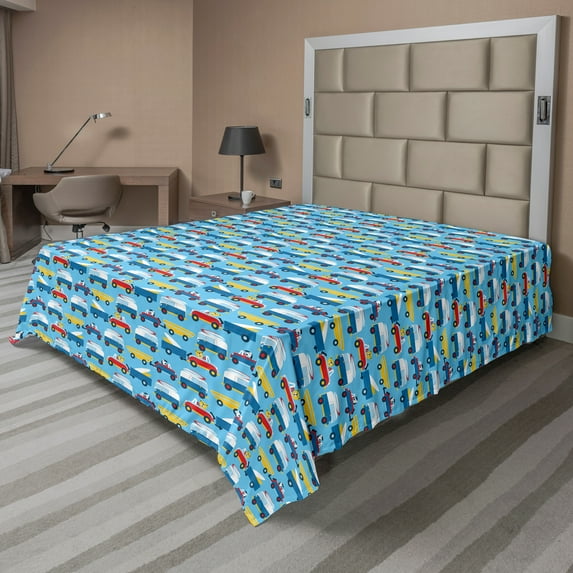 Ambesonne Cartoon Flat Sheet, Puppies Driving to Beach, King Size, Sea Blue Earth Yellow