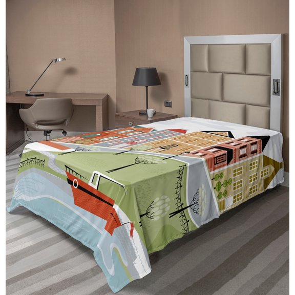 Ambesonne Cartoon Flat Sheet, Quaint Village Street, TwinXL Size, Green Teal