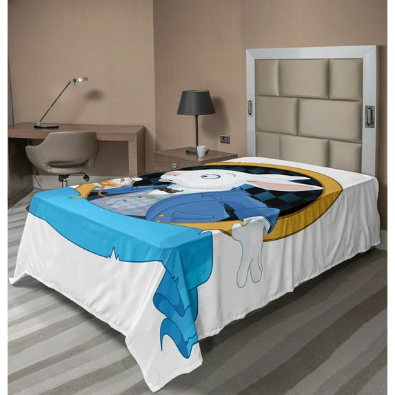 Ambesonne Cartoon Flat Sheet, Rabbit Bunny, TwinXL Size, Earth Yellow White Blue