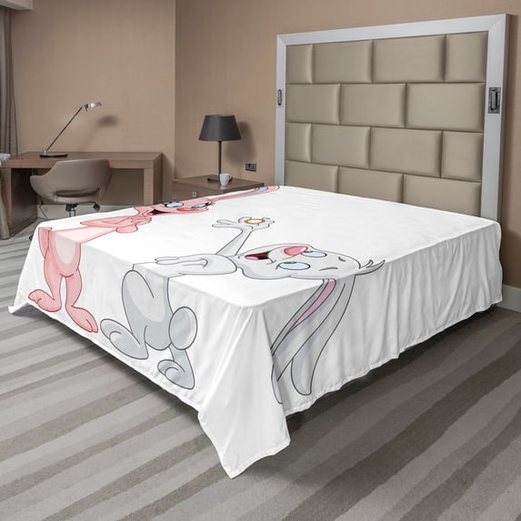 Ambesonne Cartoon Flat Sheet, Rabbits Wedding, Queen Size, Pale Pink and Grey