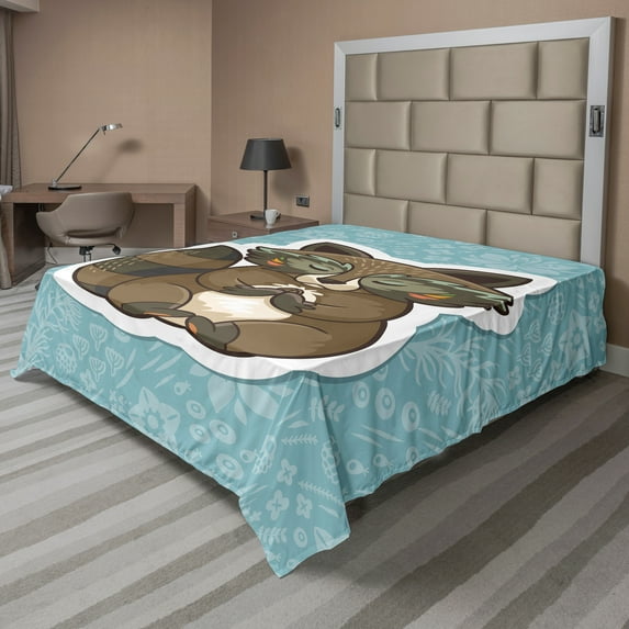 Ambesonne Cartoon Flat Sheet, Raccoon on Meadow, King Size, Dark Green Turquoise