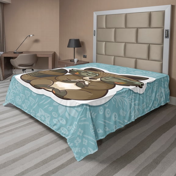 Ambesonne Cartoon Flat Sheet, Raccoon on Meadow, Queen Size, Dark Green Turquoise