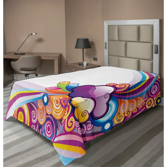 Ambesonne Cartoon Flat Sheet, Rainbow Colored Clouds, TwinXL Size, Multicolor