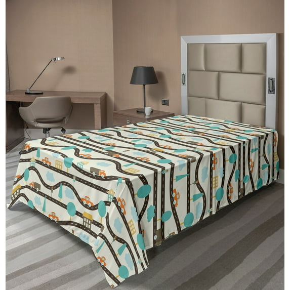 Ambesonne Cartoon Flat Sheet, Roads Cars and Trees, TwinXL Size, Ivory and Multicolor