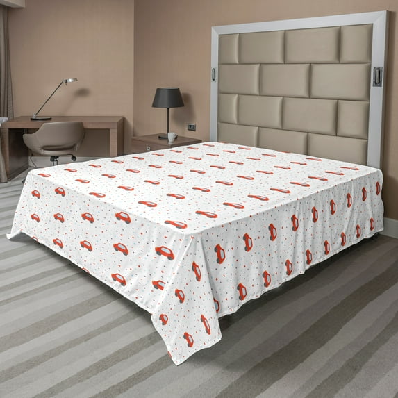 Ambesonne Cartoon Flat Sheet, Rounds Hearts and Cars, Full Size, Vermilion Pale Blue