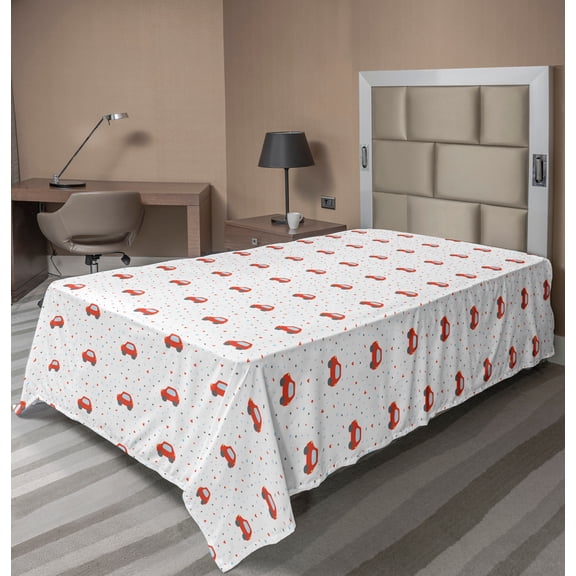 Ambesonne Cartoon Flat Sheet, Rounds Hearts and Cars, TwinXL Size, Vermilion Pale Blue