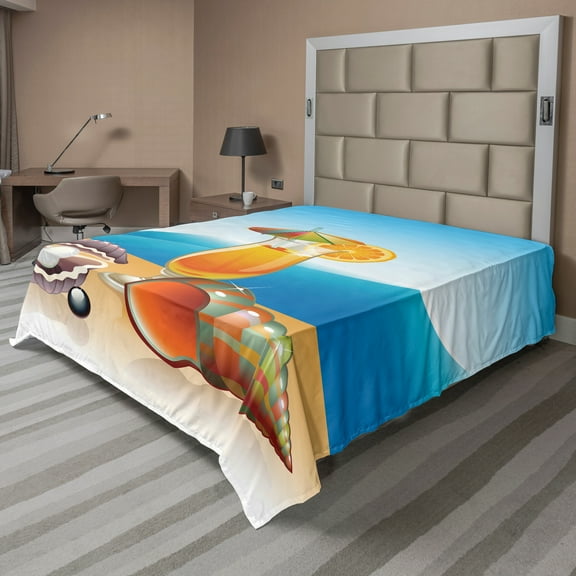 Ambesonne Cartoon Flat Sheet, Seascape Summer Beach, Queen Size, Blue Orange Purple