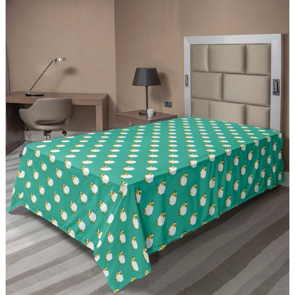 Ambesonne Cartoon Flat Sheet, Sheep Bedtime Motif, Twin Size, Sea Green Orange White