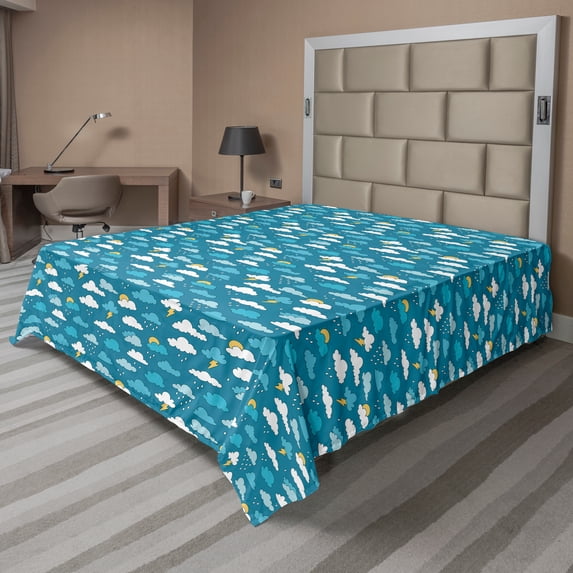 Ambesonne Cartoon Flat Sheet, Sky Rain Clouds Bolts Sun, California King, Sea Blue White Mustard