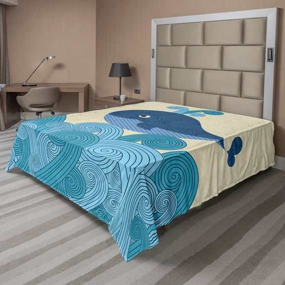 Ambesonne Cartoon Flat Sheet, Smiling Whale and Lines, Full Size, Dark Blue Blue