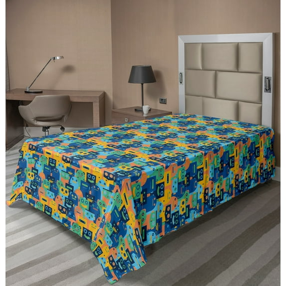 Ambesonne Cartoon Flat Sheet, Space Fiction Robots Art, TwinXL Size, Multicolor