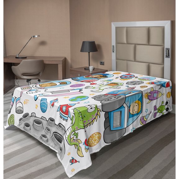 Ambesonne Outer Space Flat Sheet, Cartoon Rocket Galaxy, Twin Size, Multicolor