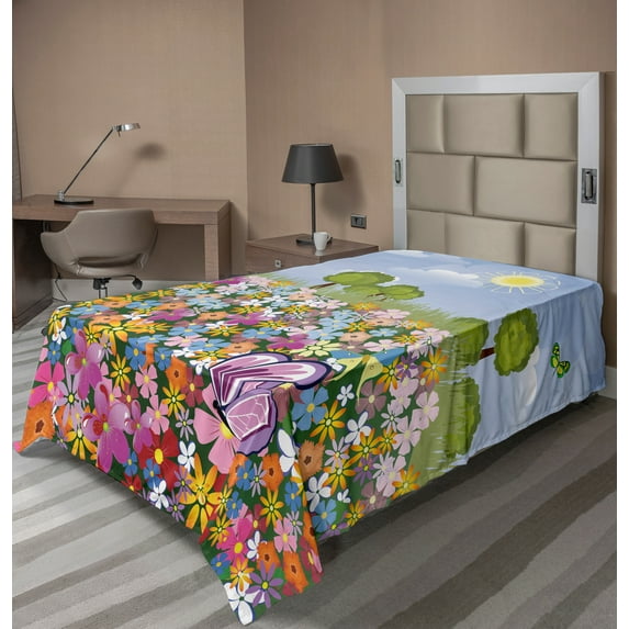 Ambesonne Cartoon Flat Sheet, Spring Meadow Blossoms, Twin Size, Multicolor