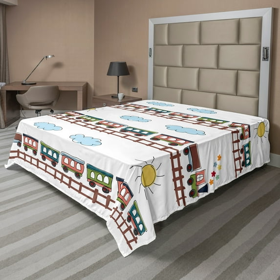 Ambesonne Cartoon Flat Sheet, Train Tracklines, King Size, Multicolor