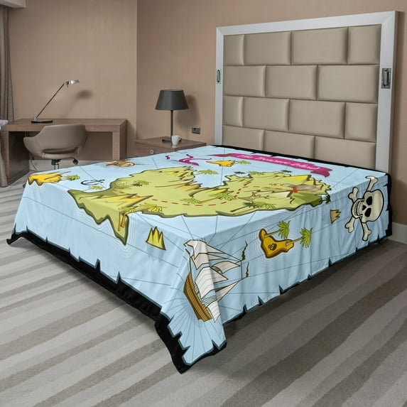 Ambesonne Cartoon Flat Sheet, Treasure Island Skull, Queen Size, Multicolor