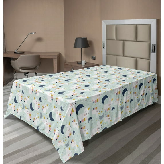 Ambesonne Cartoon Flat Sheet, Unicorns Moon Stars Spots, Twin Size, Multicolor