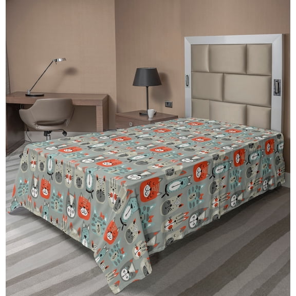 Ambesonne Cartoon Flat Sheet, Various Cat Faces Pattern, Twin Size, Multicolor