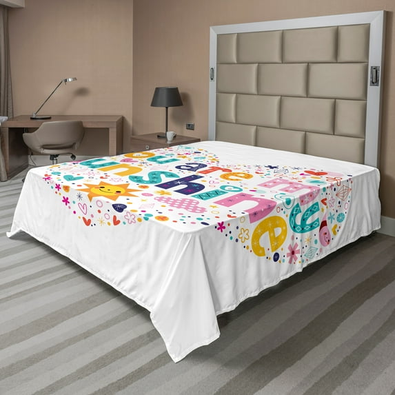 Ambesonne Cartoon Flat Sheet, Words with Heart Shapes, California King, Multicolor