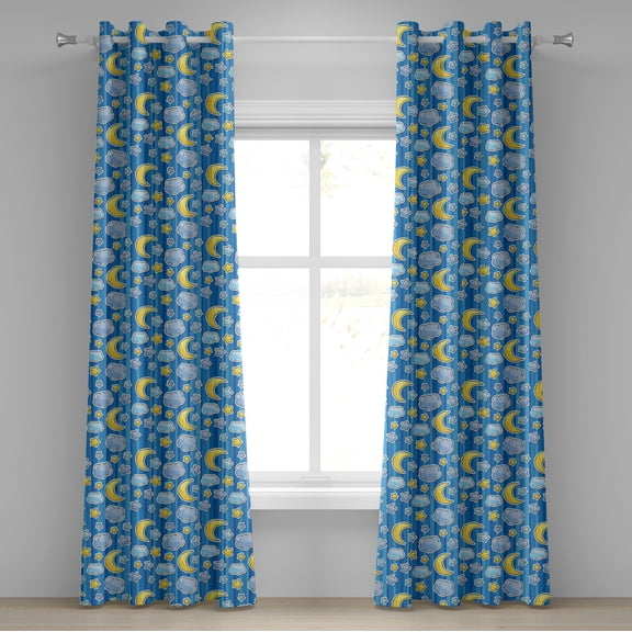 Ambesonne Cartoon Grommet Curtain, Abstract Moon and Clouds, 50" x 72", Yellow Blue