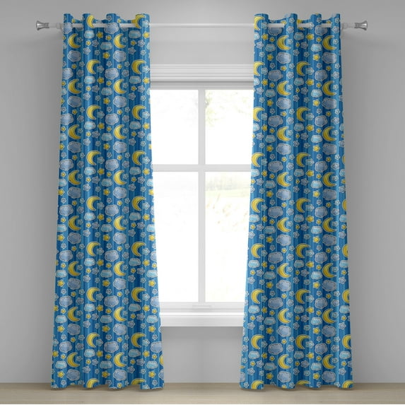 Ambesonne Cartoon Grommet Curtain, Abstract Moon and Clouds, 50" x 96", Yellow Blue