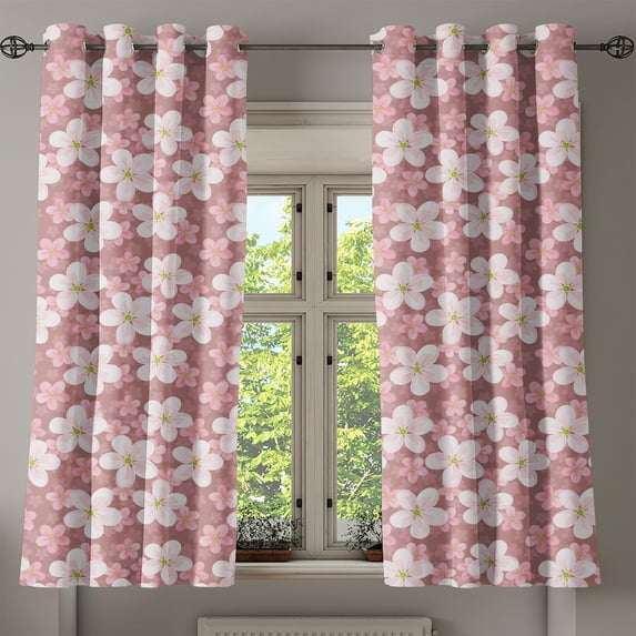 Ambesonne Cartoon Grommet Curtain, Cherry Blossoms Petal, 50" x 63", Dried Rose White Green