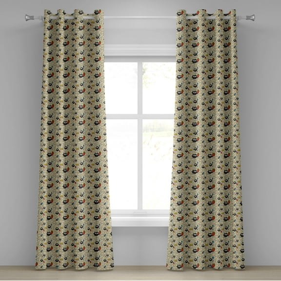 Ambesonne Cartoon Grommet Curtain, Hungry Owls Eating, 50" x 96", Black Multicolor