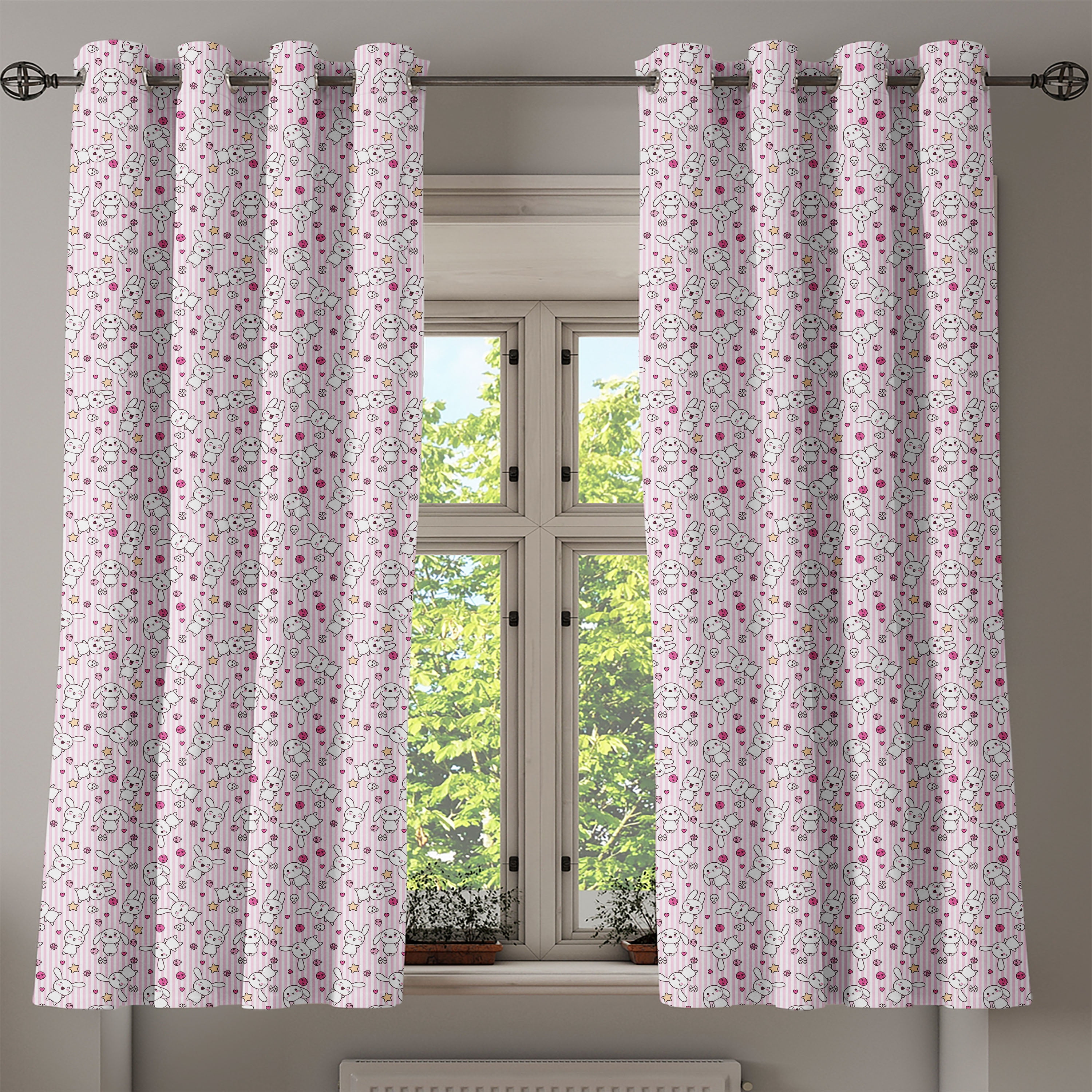 Pink Bunny Print Grommet Blackout Polyester Curtain Panels