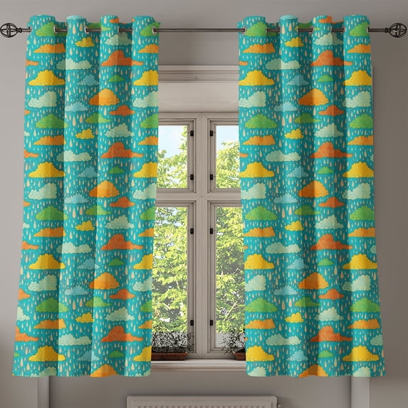 Ambesonne Cartoon Grommet Curtain, Puffy Clouds Funk Art, 50" x 54", Multicolor