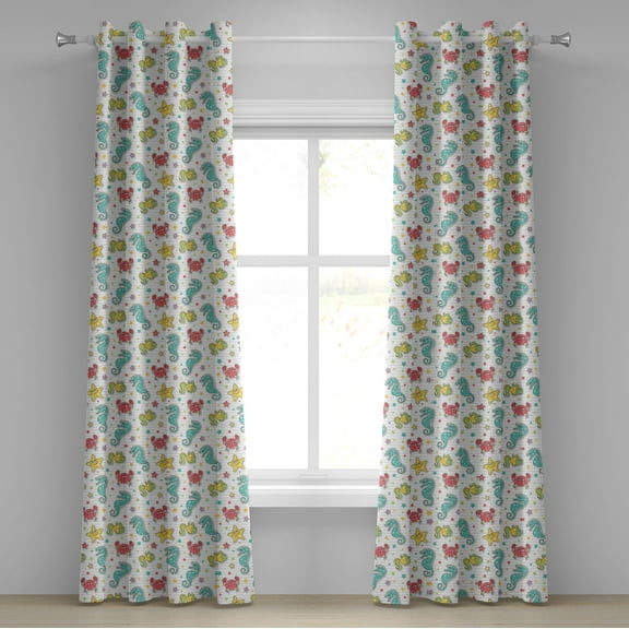 Ambesonne Cartoon Grommet Curtain, Seahorse Crabs Fish, 50" x 84", Teal Mustard Dark Coral