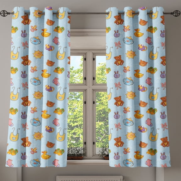 Ambesonne Cartoon Grommet Curtain, Sun Ribbon Teddy Bear Art, 50" x 63", Pale Blue Cinnamon