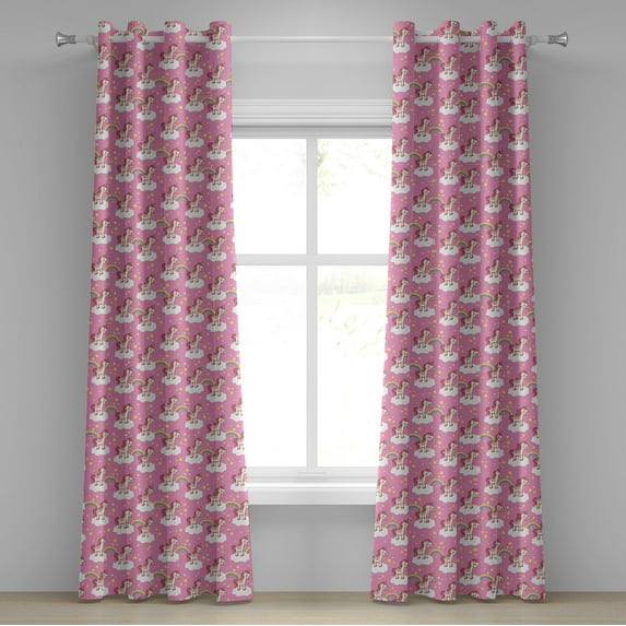 Ambesonne Cartoon Grommet Curtain, Unicorns on Clouds, 50" x 84", Pink Yellow White