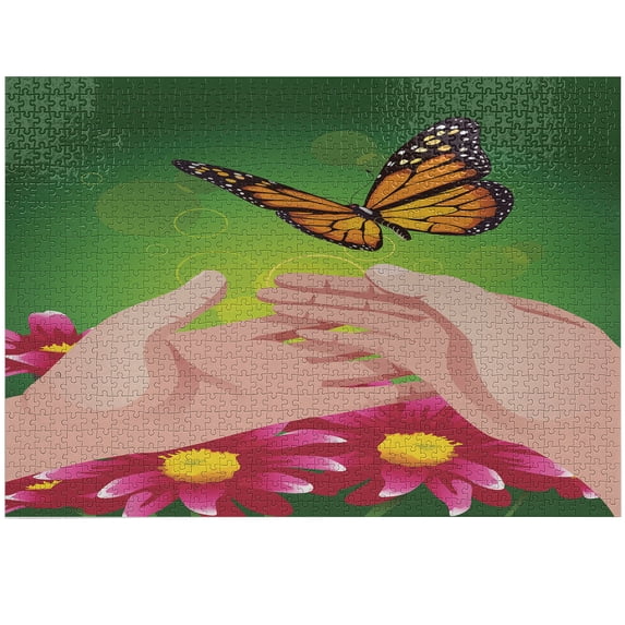Ambesonne Cartoon Jigsaw Puzzle Durable Cardboard, Hands Releasing a Butterfly, 1000 pcs, Emerald Orange and Blush
