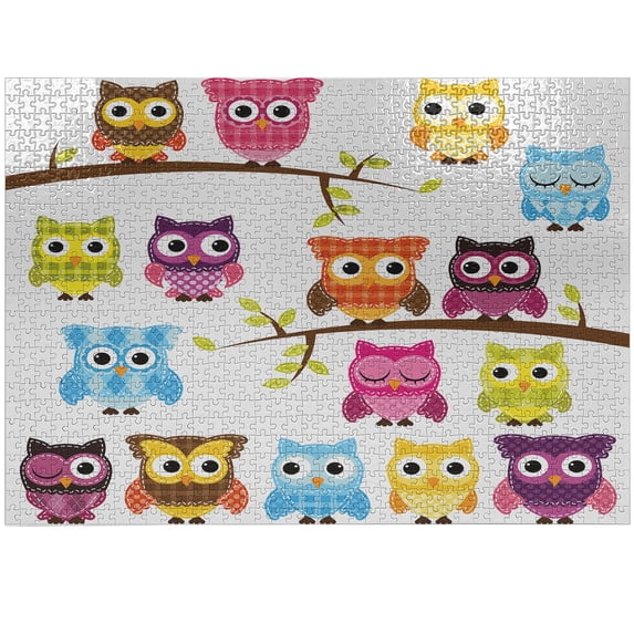 Ambesonne Cartoon Jigsaw Puzzle Durable Cardboard, Patchwork Style Owls, 1000 pcs, Multicolor