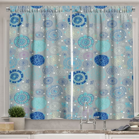 Ambesonne Cartoon Kitchen Curtains, Abstract Snowflakes, 55"x39", Beige Aqua Blue