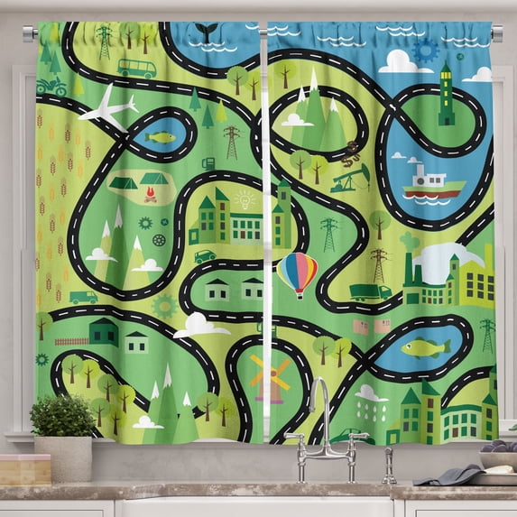 Ambesonne Cartoon Kitchen Curtains, Aerial Coastal Suburbs, 55"x39", Multicolor